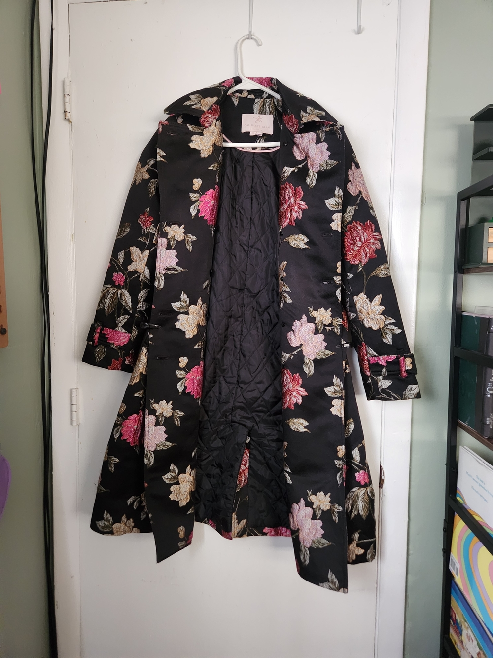 Gal Meets Glam Black Floral Satin Trench Coat with Pink & Cream Blooms